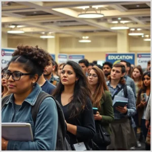 Falta de plazas para pedagogos: la verdad oculta que nadie te cuenta' grupo de personas jóvenes y adultas haciendo fila en una feria educativa con carpetas, credenciales visibles y miradas expectantes.